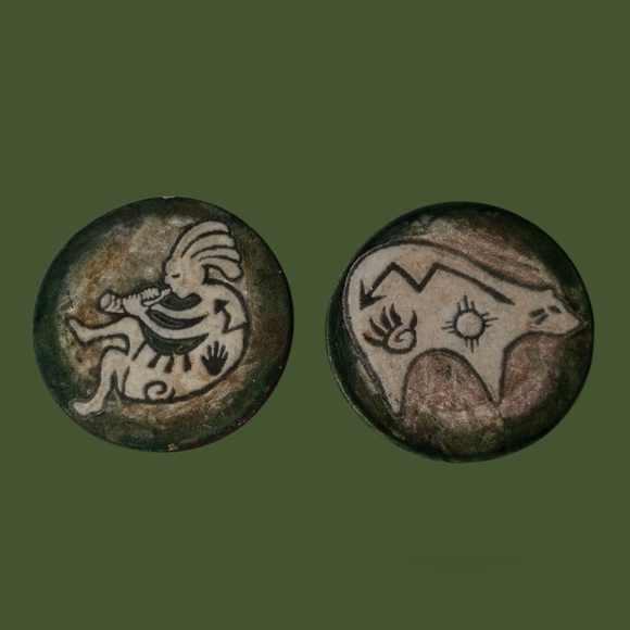 Vintage J. Diller Raku Pottery Coasters (2) Kokopelli and Bear Design - Picture 1 of 6
